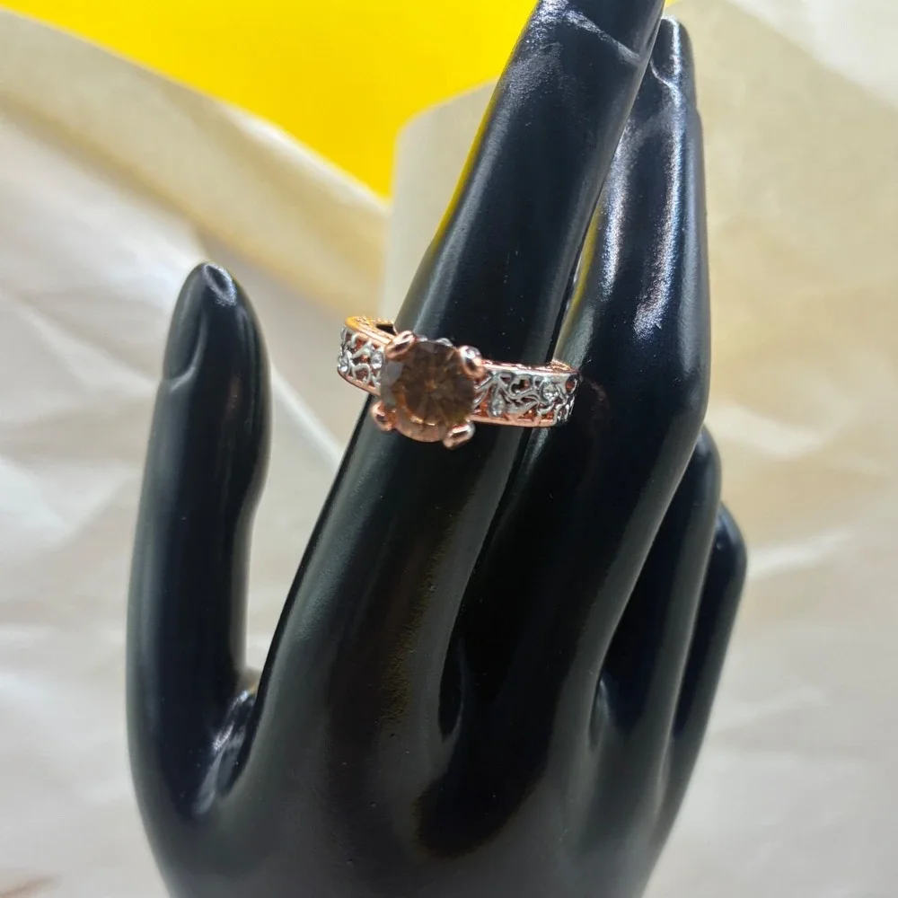 Two Tone Filigree Smoky Brown Stone Cocktail Ring Rose Gold Silver Size 7
